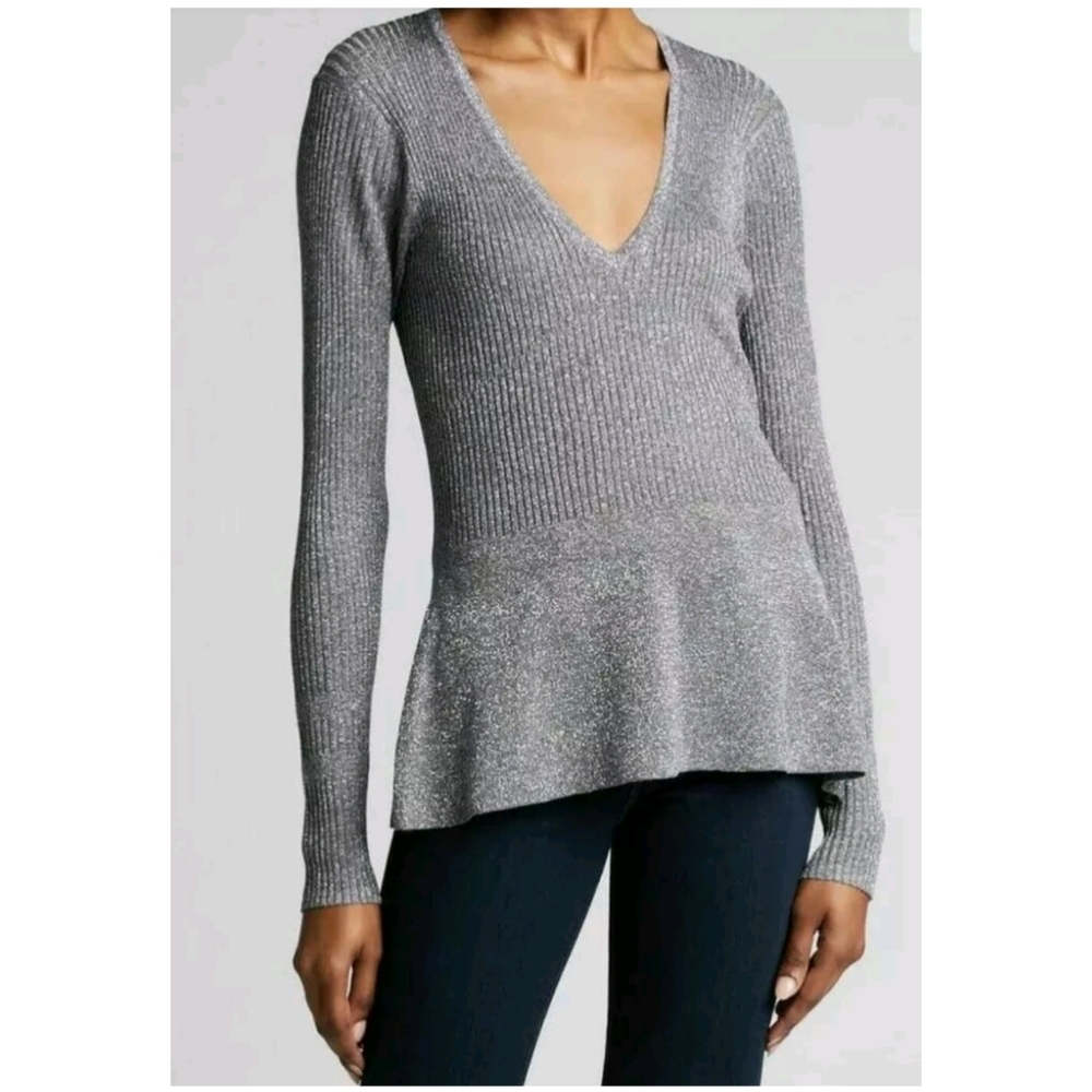 Veronica Beard Esmeralda Silver Long Sleeve Metallic Top V Neck Sweater Size XS